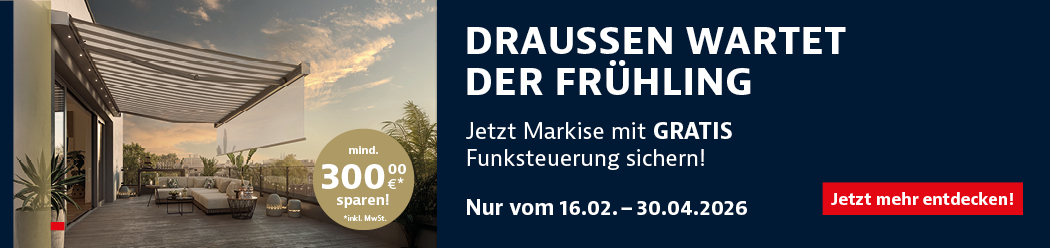 Werbung für Markisenaktion mit Frühlingsmotiv, dominierend in Blau und Beige.