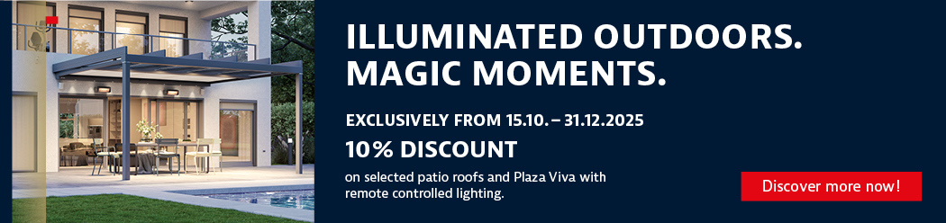 Promotional image featuring a modern covered patio with a discount offer in bold text.