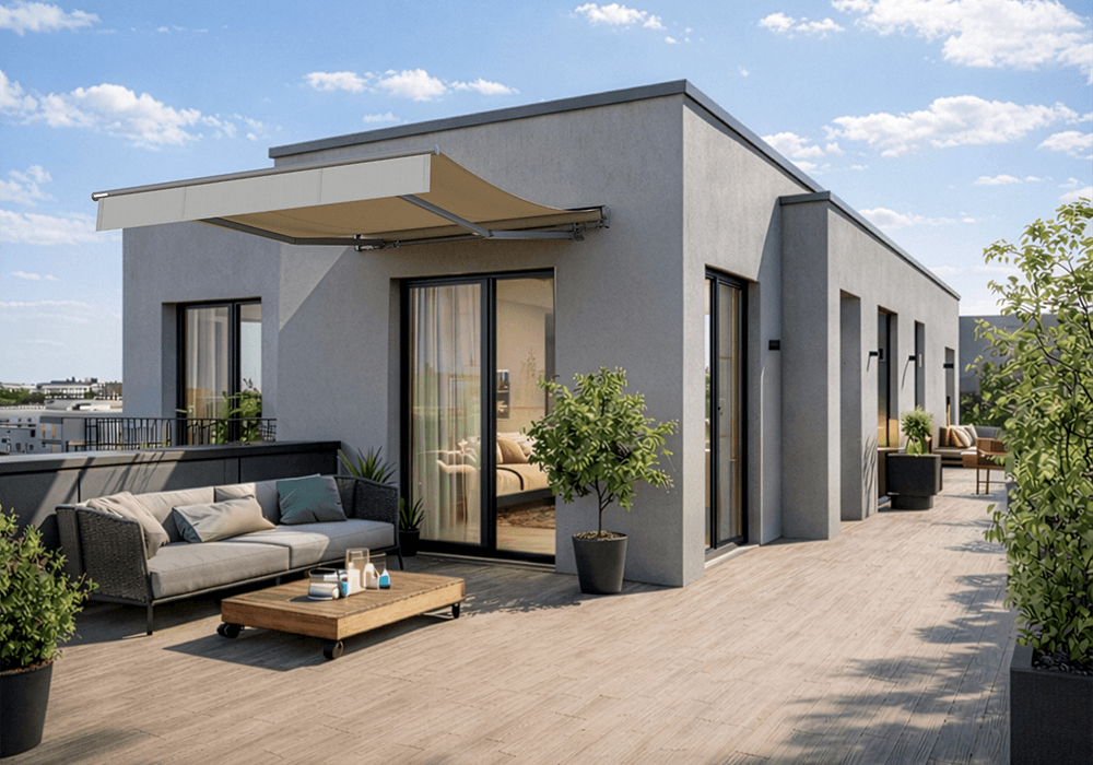 Moderne Terrassensituation mit Überdachung, gemütlichen Sitzmöbeln und Pflanzen. Helle Farbpalette und klare Linien. Topas II MiniMax