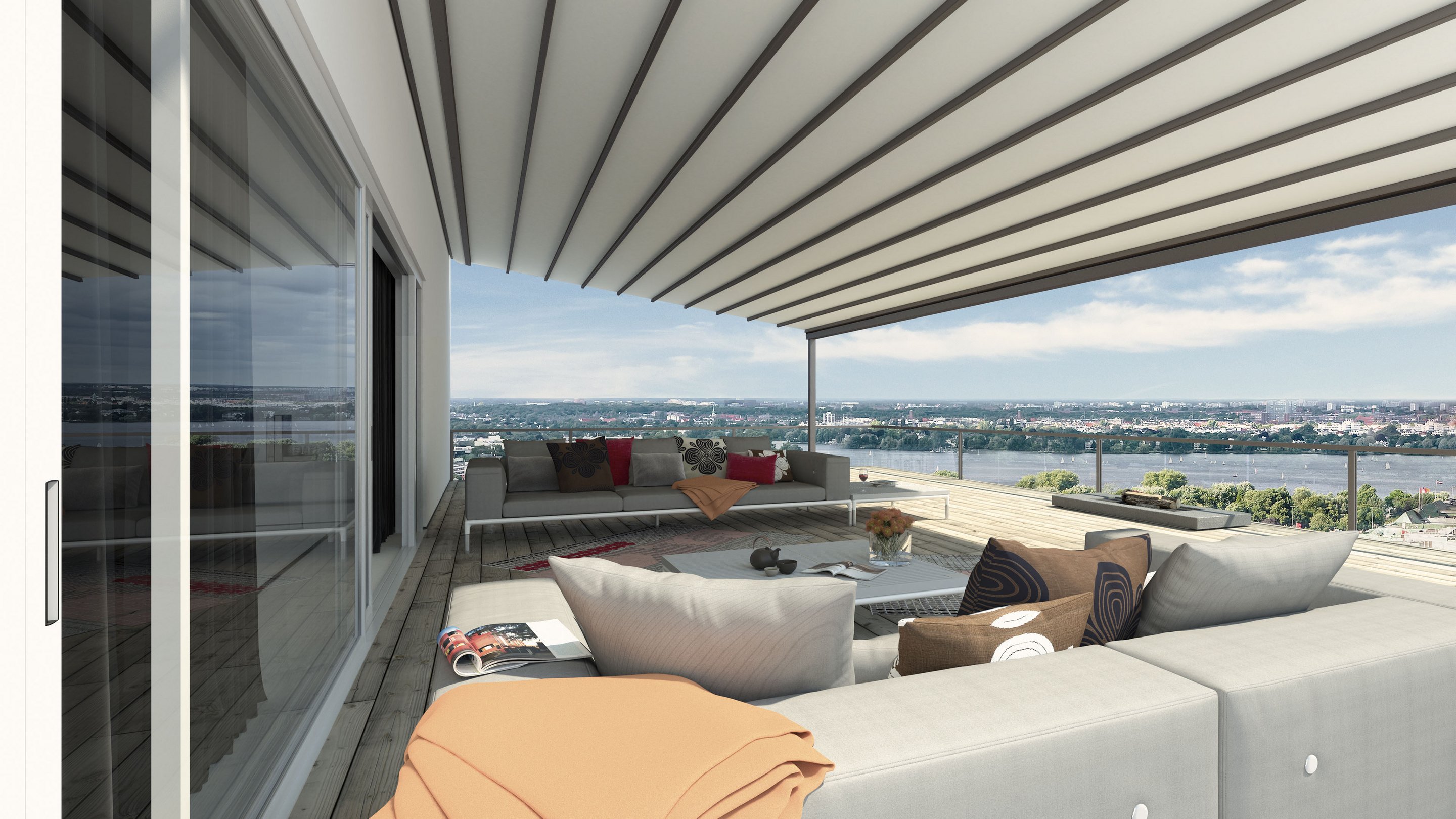 Terrassensituation mit Überdachung und Ausblick auf eine Stadtlandschaft.