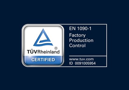 Certification logo with a blue triangle and text related to TÜV Rheinland standards.