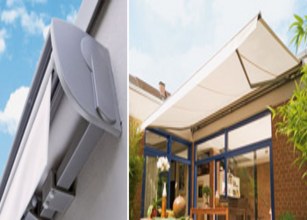 Markisenkasten und Überdachung in hellen Farben, strukturiert und funktional neben einer Terrassensituation. 