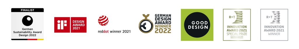 Diverse logo's van designawards in verschillende kleuren en vormen.