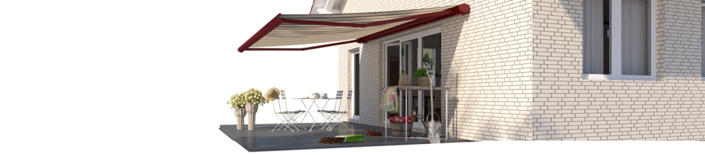 Markise mit rot-weißem Muster über einer Terrassensituation an einem modernen Haus.