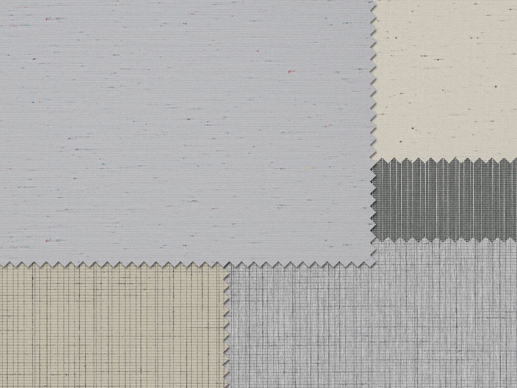 Textuur van verschillende stoffen in grijs- en neutrale tinten. Diverse patronen en lijnen zichtbaar.