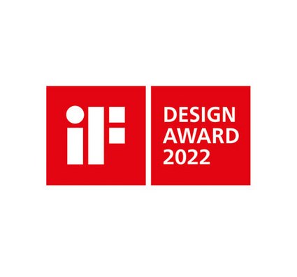 Rotes Logo mit dem Text "iF DESIGN AWARD 2022" in Weiß.