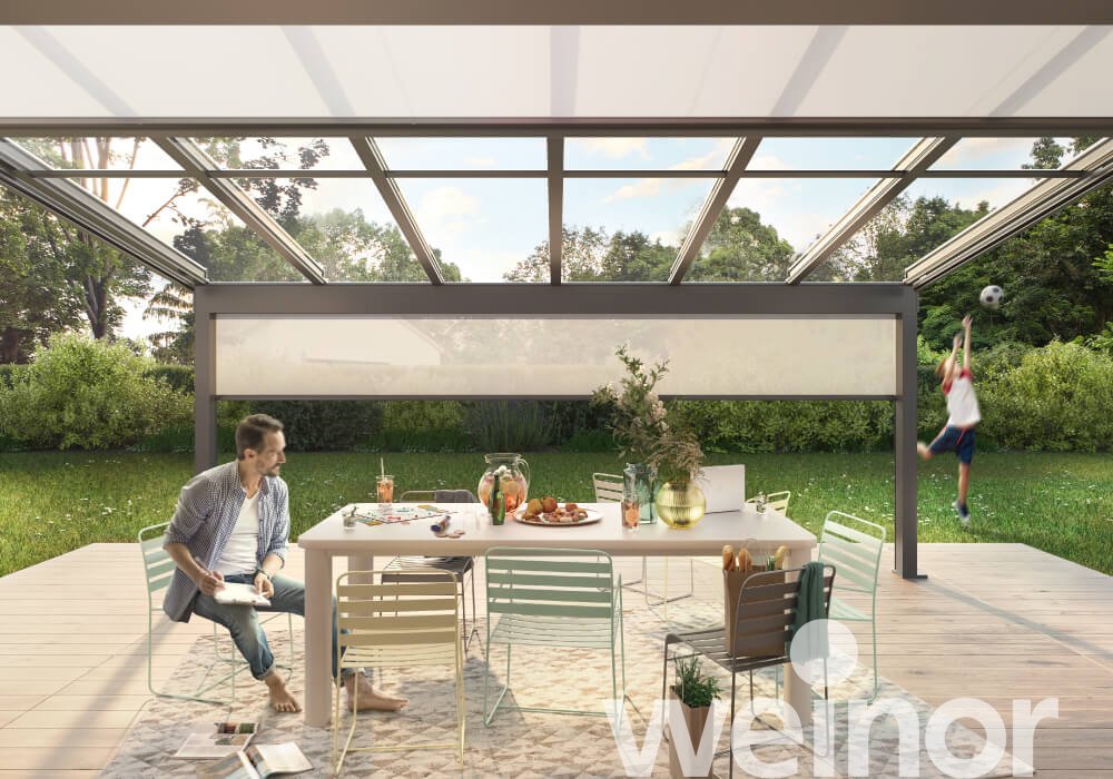 Toit de terrasse en verre weinor Terrazza Sempra avec VertiTex II