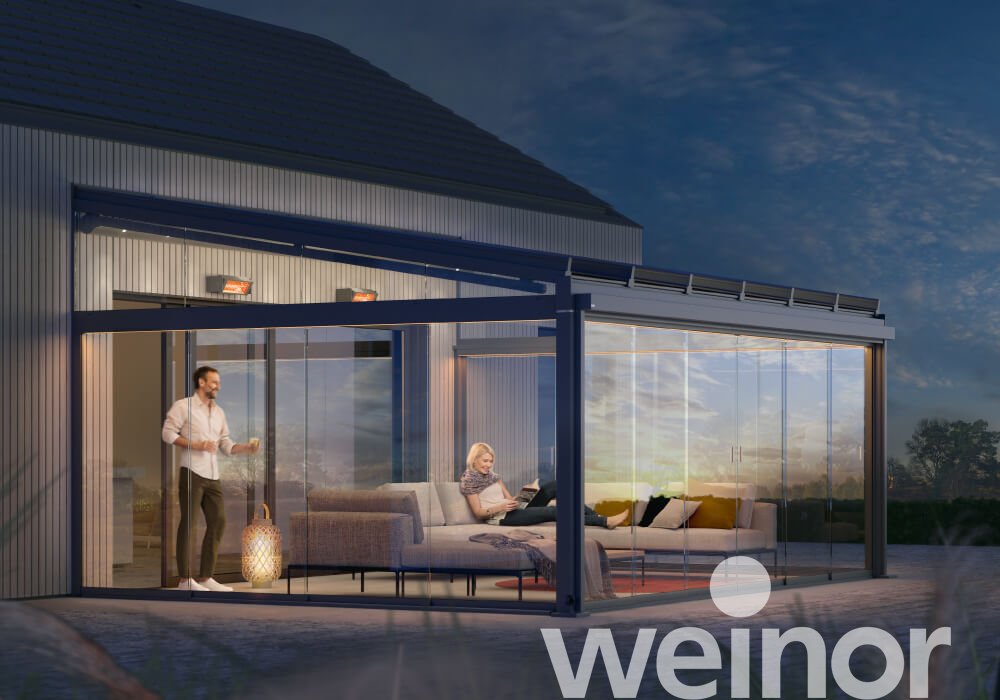 Toit de terrasse en verre weinor Terrazza Sempra avec bandes LED couleur, Oasis de verre®
