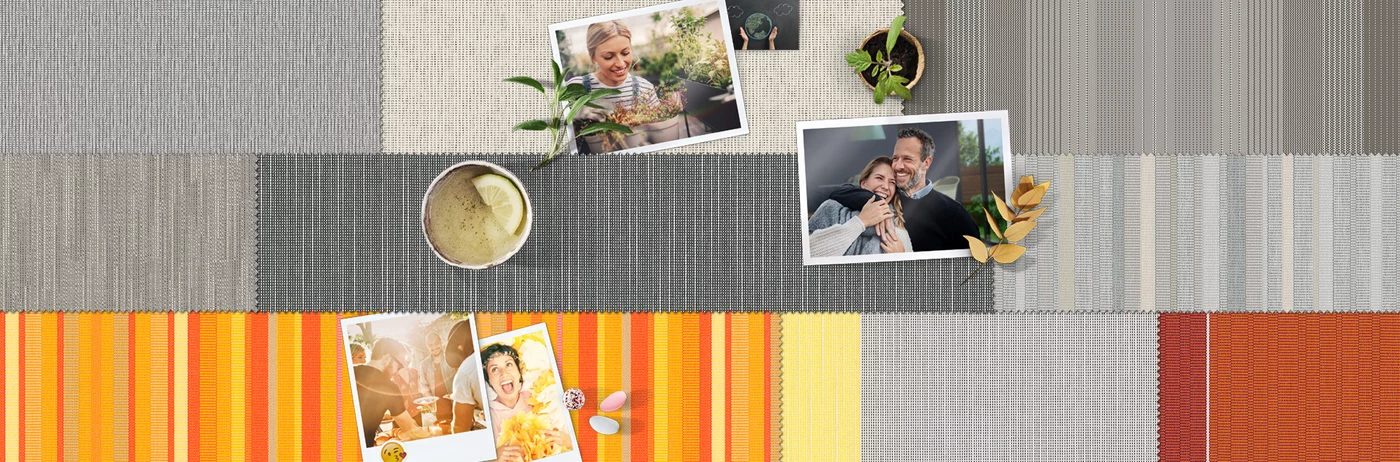 Een collage van verschillende texturen en kleuren, met dominante grijstinten en oranje strepen.