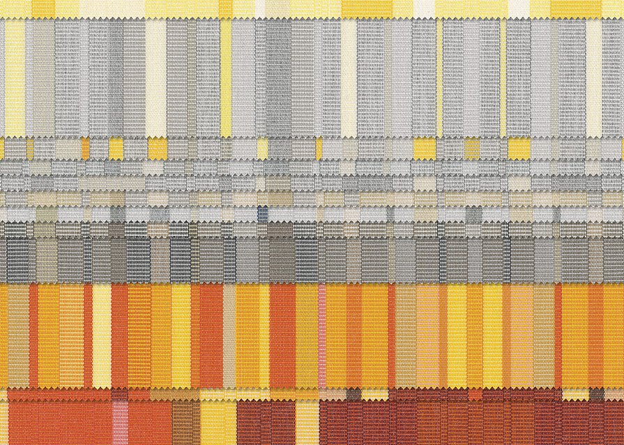 Abstracte patronen met geel, grijs, oranje en rood in horizontale lijnen.