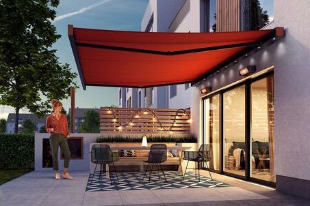 représentation d'une terrasse mit une grande terrasse et une surplomb rouge, maison moderne, ciel clair.