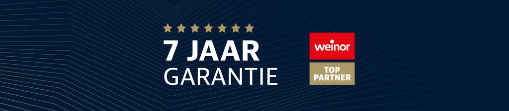 Blauw achtergrond met witte en gouden tekst over 7 jaar garantie en een logo van Weinor.