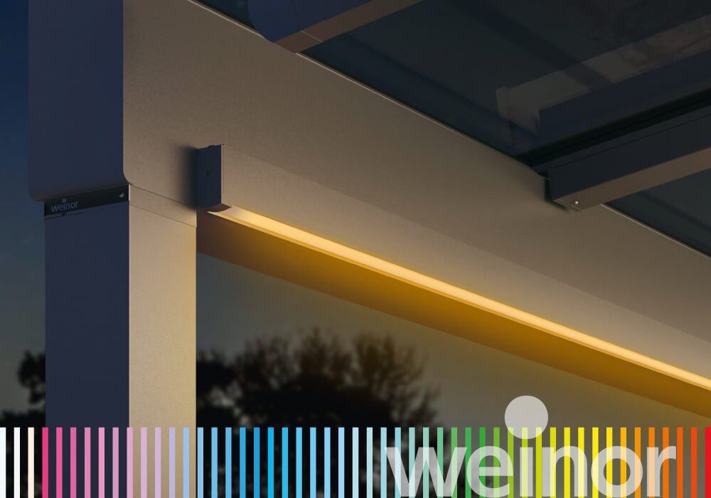 Toit de terrasse en verre weinor Terrazza Sempra Gros plan, avec bandes LED couleur