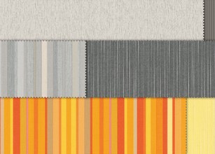 Gestreifte und gemusterte Markisentücher in verschiedenen Farben, darunter Blau, Grün und Orange, angeordnet. 