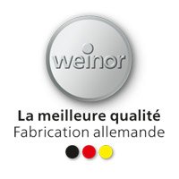 Logotype circulaire avec le texte "weinor" et trois couleurs en bas : noir, rouge, jaune.