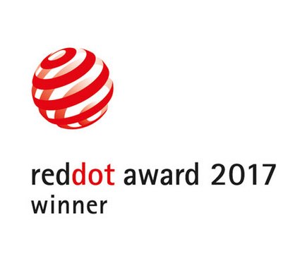 Logo mit rotem, gestreiftem Ball und Schriftzug "reddot award 2017 winner" in schwarz und rot.