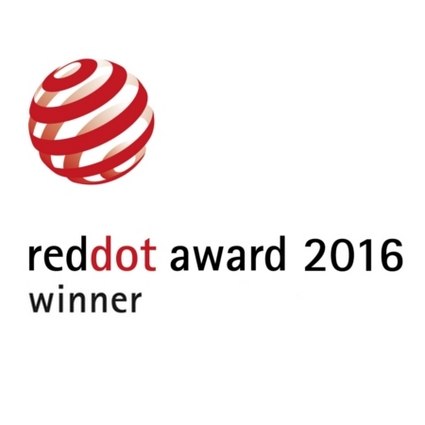 Rode bol met witte en rode lijnen, tekst "reddot award 2016 winner" ernaast.