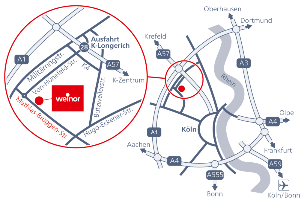 Stadtplan von Köln mit markierter Route und einem roten Punkt für einen Standort.