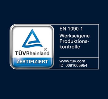 Logo des TÜV Rheinland mit dem Text „ZERTIFIZIERT“ und Informationen zur werkseigenen Produktionskontrolle.