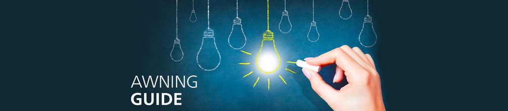 Image of a hand drawing a light bulb with a bright glow against a dark background. Text reads "AWNING GUIDE".