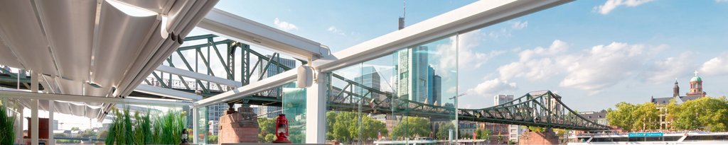 Ausblick auf eine moderne Stadtlandschaft mit einer Brücke und Glasflächen, umgeben von Bäumen und blauen Himmel.