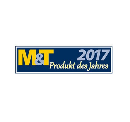 Logo in Blau und Gelb, rechteckige Form mit dem Text "M&T 2017 Produkt des Jahres".
