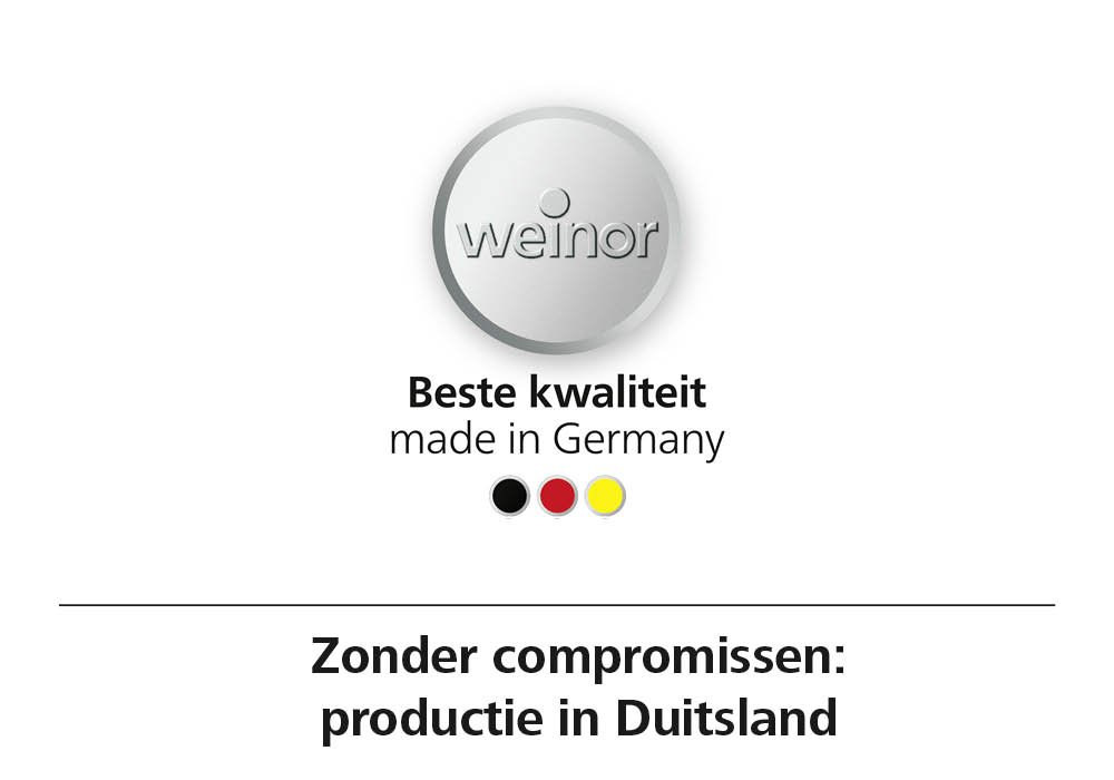 Logo van Weinor met de tekst "Beste kwaliteit made in Germany" en een kleurenschema van zwart, rood en geel.
