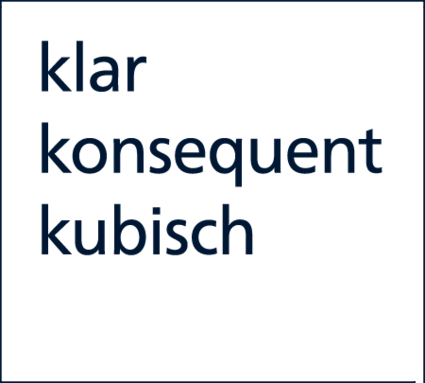 Text mit den Worten "klar", "konsequent" und "kubisch" in dunkler Schrift auf hellem Hintergrund.